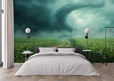 A lush green field shows clear signs of tornado damage amidst dark swirling clouds above Wall mural