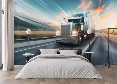 A semi-truck speeds down a highway, the setting sun casting a warm glow on the road Wall mural