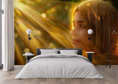 A serene woman gazes thoughtfully, illuminated by golden sunlight Wall mural