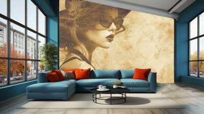 A stylish woman in a hat and sunglasses, exuding an air of mystery and sophistication with a vintage touch Wall mural