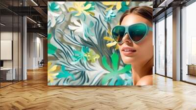 A stylish woman with green sunglasses poses in front of a vibrant floral wall Wall mural