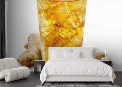 A tall glass of ginger ale with ice and fresh ginger root Wall mural