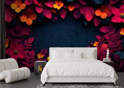 A vibrant floral border of deep red and orange hues enveloping a mysterious dark background showcasing the beauty of autumn leaves and blossoms Wall mural