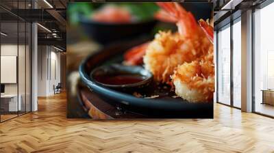 Close-up of crispy coconut shrimp with herbs on a dark plate, suitable for food and culinary themes. Wall mural