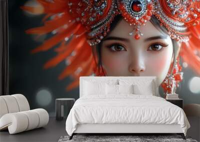 Enchanting portrait of a young woman adorned with elaborate red headdress capturing vibrant details in a softly lit setting Wall mural