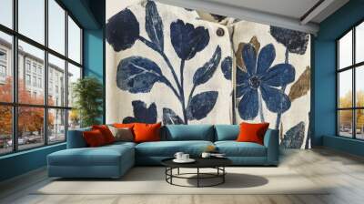 Floral patterns in deep blue and natural tones adorn a beautifully crafted textile Wall mural