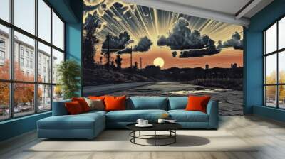 Golden rays of sunlight break through clouds illuminating a serene rural road at dusk Wall mural