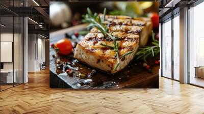 Grilled swordfish steak garnished with rosemary, lemon, and spices Wall mural