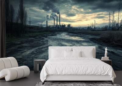 Polluted river with a factory in the background Wall mural