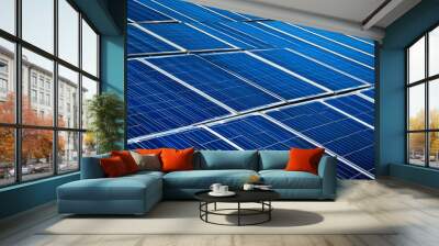 Rows of solar panels capture sunlight in an expansive industrial solar farm environment Wall mural