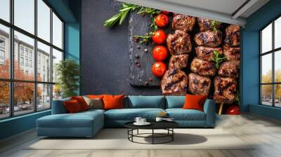 Succulent lamb skewers grilled to perfection paired with fresh tomatoes and aromatic herbs Wall mural