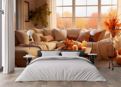 Cozy living room interior in fall palette with autumn flowers and pumpkins decor Wall mural