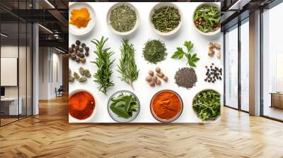 Assortment of various spices and herbs in small bowls on a white background Wall mural