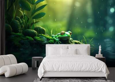 green frog floating in a rainforest river Wall mural