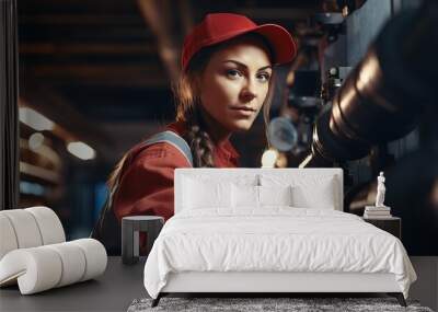 Human plumber working near metal pipes indoor, female professional occupation Wall mural