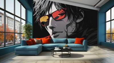 portrait of a boy. Hand drawn face of a man. Image of fashionable orange and blue illustration in vintage style Wall mural