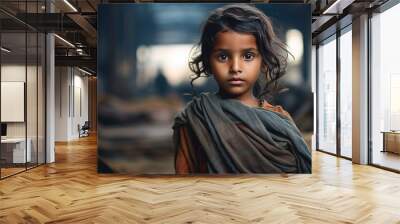 Small Indian girl portrait with blurred textile factory background, Illegal child labour in sweatshop manufacturing concept, documentary style Wall mural