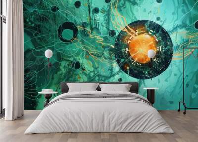 Abstract digital art with green, orange and black lines and circles. Wall mural