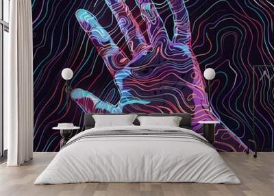 Abstract glowing hand with neon lines, futuristic technology concept. Digital art, AI, metaverse, and innovation. Wall mural