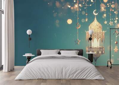 Perfect for celebrating Ramadan, Eid al-Fitr, and Eid al-Adha, the vector illustration includes religious motifs such as a crescent moon, mosque, and goat, symbolizing the holy festivals. Wall mural