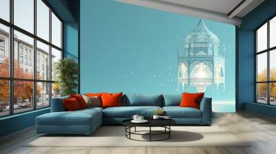 Perfect for celebrating Ramadan, Eid al-Fitr, and Eid al-Adha, the vector illustration includes religious motifs such as a crescent moon, mosque, and goat, symbolizing the holy festivals. Wall mural