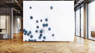 two chocolate homemade cupcakes with blue cream and blueberries on a white table, top view Wall mural