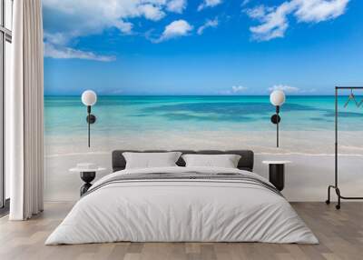 Looking out to sea from an idyllic sandy beach on the island of Antigua Wall mural