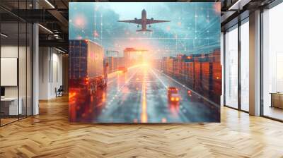 Abstract background of the airplane, port, truck, containers in shipyard. Logistics concept. Wall mural