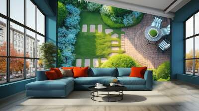 Aerial view to beautiful garden in spring on the backyard of the house. Wall mural