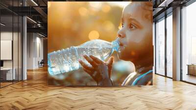 African ethnicity cute little girl standing outdoors and drinking water from the bottle. Concept of helping and charity. Wall mural