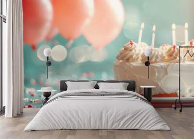 Birthday cake on the blue blurred background with colourful balloons. Banner, wallpaper and gifting card concept. Wall mural