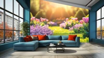 Close-up panoramic view of the beautiful blooming tulips in coniferous garden in spring. Wall mural