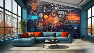 Close up panoramic view of the motherboard with components. Wall mural