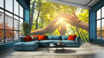 Close-up view of three hands holding together in natural park. Family and nature concept. Wall mural