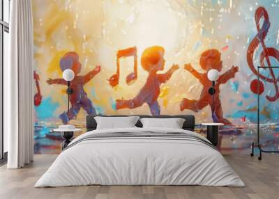 Colorful illustration of dancing happy children and notes flying around them. Wall mural