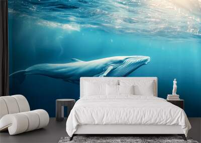 Giant whale swimming in the blue warm ocean. Wall mural