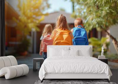 Group of children going with backpacks for studying. Back to school concept. Wall mural