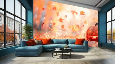 halloween concept, huge jack pumpkin, falling autumnal leaves, copy space, autumn theme Wall mural