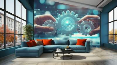 Human hands holding cogwheels together on abstract background. Teamwork and business concept. Wall mural