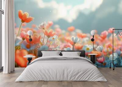 Illustration of the field with blooming colourful flowers. Background and banner concept. Wall mural