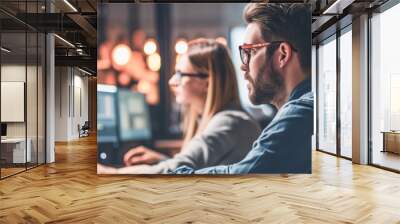 Man sitting at the table and working on the computer in office. Men at work. Wall mural