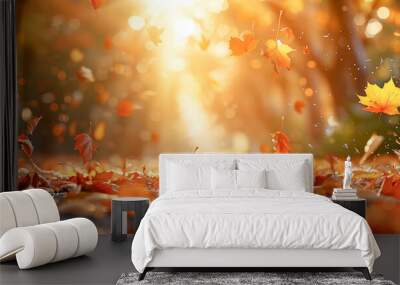 Panoramic background with falling autumnal leaves. Autumn and thanksgiving concept. Wall mural