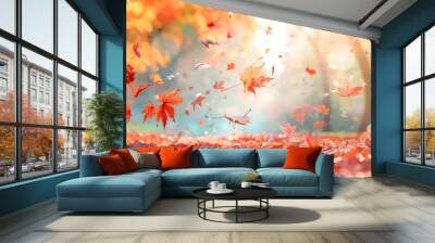 Panoramic background with falling autumnal leaves. Autumn and thanksgiving concept. Wall mural