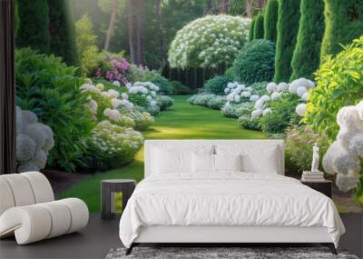 Panoramic view of the beautiful coniferous garden with blooming hydrangeas. Wall mural