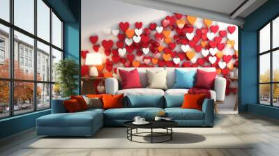 Sofa with pillows standing on the background of the white wall with colourfu paper's hearts. Concept of Valentine's Day. Wall mural