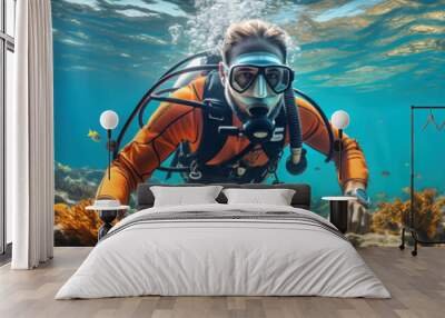 Underwater Scuba diver exploring multi-colored seabed Wall mural