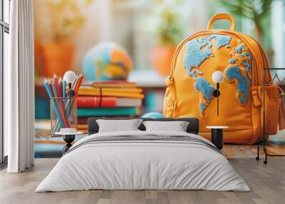 View of the school backpack on the table with pencils, notebooks and books on it. Back to school concept. Wall mural