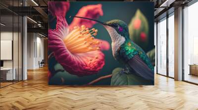 macro photo of a hummingbird perches on a flower with its beak open Wall mural