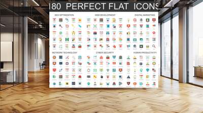 180 modern flat icons set of seo optimization, web development, digital marketing, network technology, cyber security and productivity icons. Wall mural