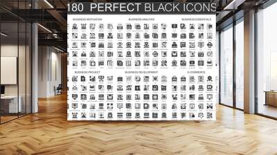 180 seo optimization, business motivation, business analysis, business essentials, business project, startup development, e-commerce classic black mini concept icons and infographic symbols set. Wall mural